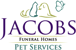Jacobs Funeral Homes Pet Services logo: cat, dog, butterfly, and text in purple and green.