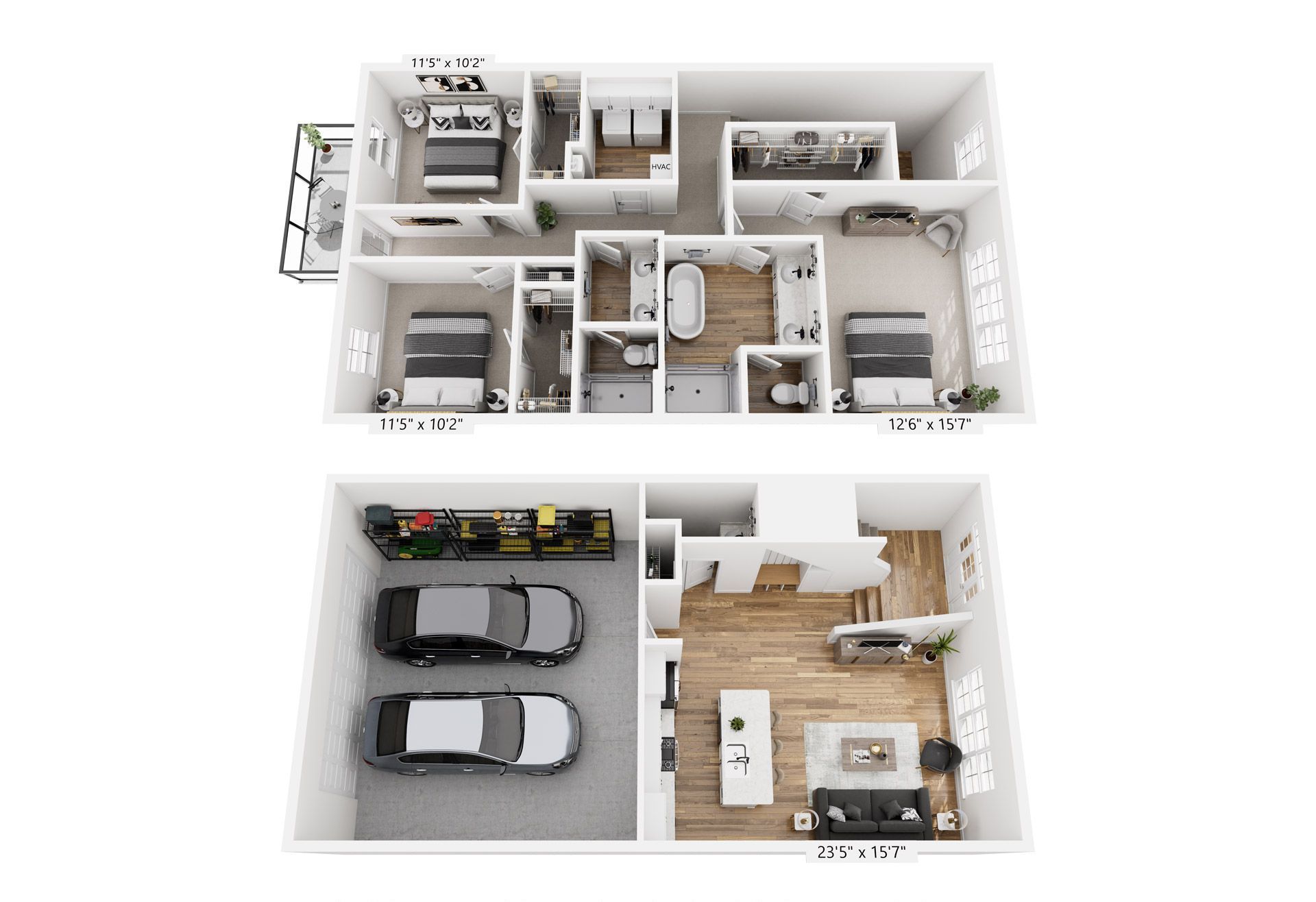 A 3d floor plan of a house with two cars in the garage.