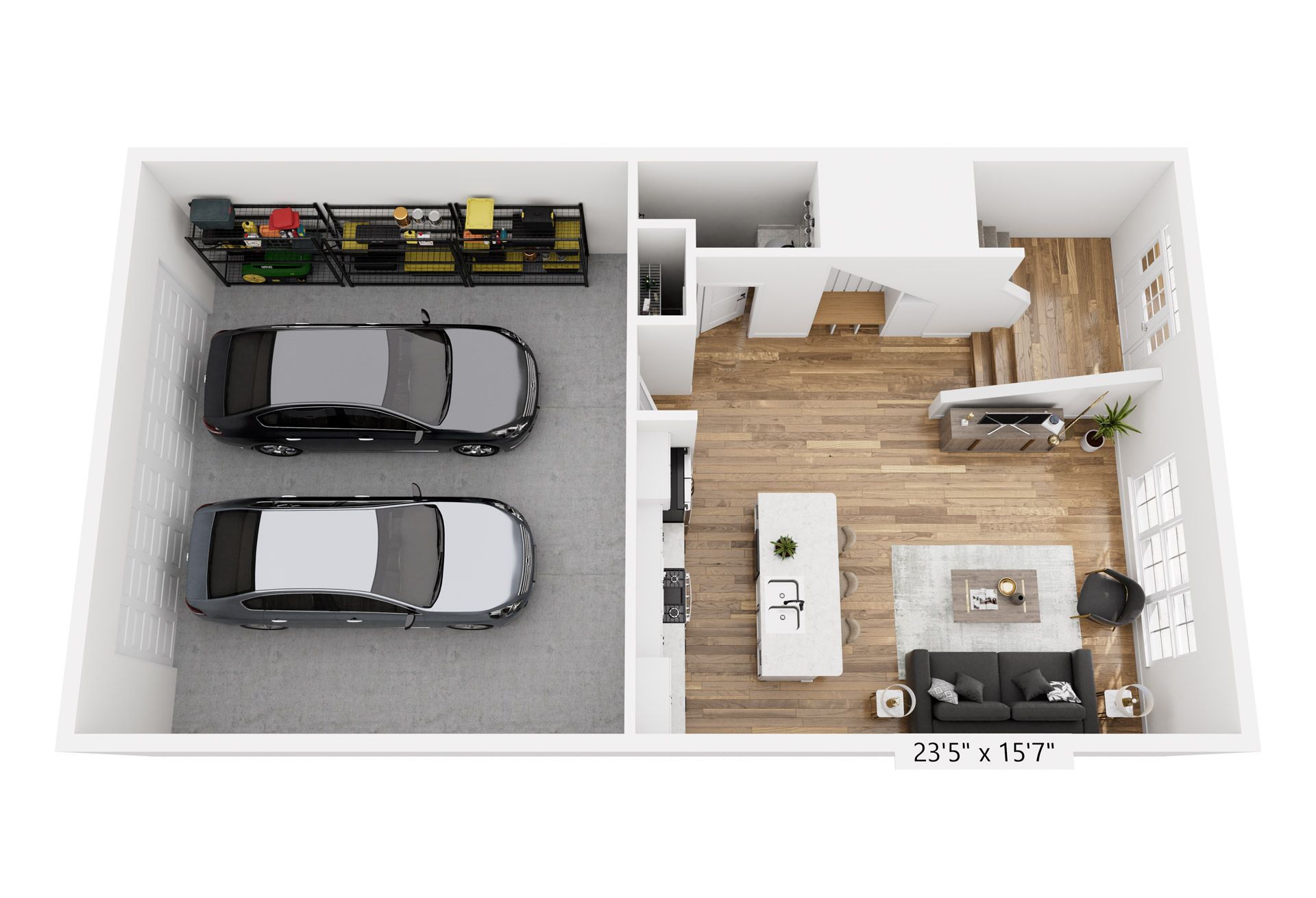 A 3d floor plan of a house with two cars in the garage.