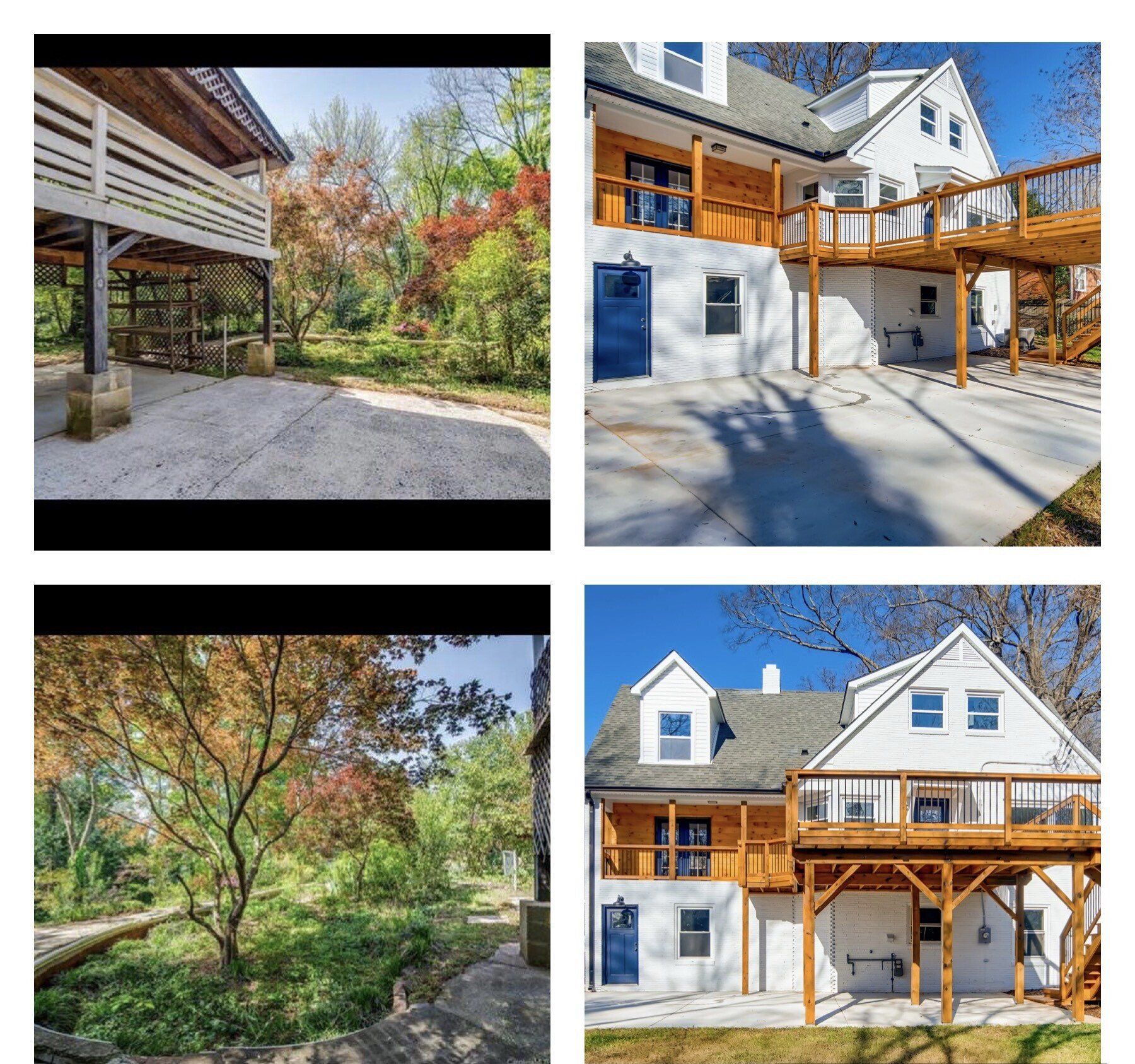 Four pictures of a white house with a wooden deck