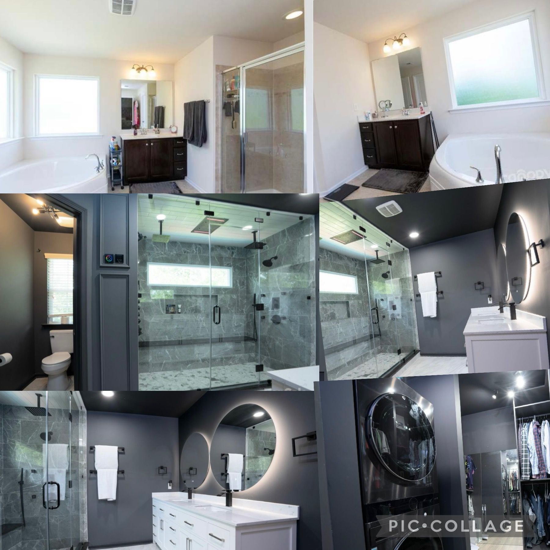 A collage of pictures of a bathroom with black walls
