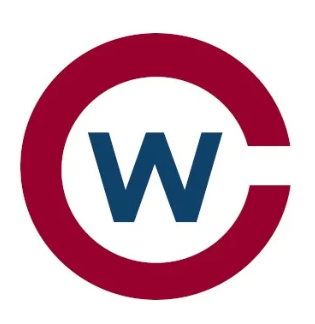 Maroon circle with a break, framing a blue letter 