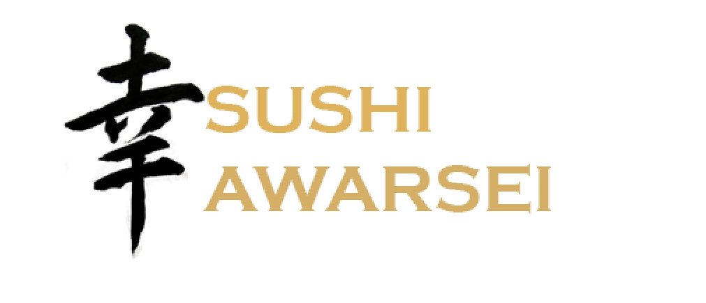 Logo of Sushi Awarsei, featuring a black Japanese symbol and gold text.