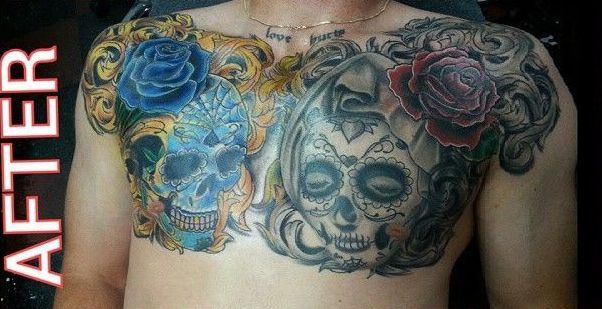 A man has a skull and roses tattoo on his chest
