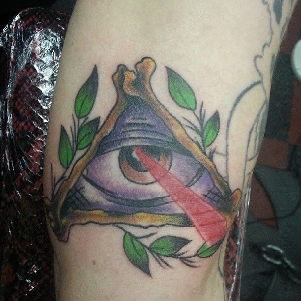 A tattoo of an eye with a red line through it