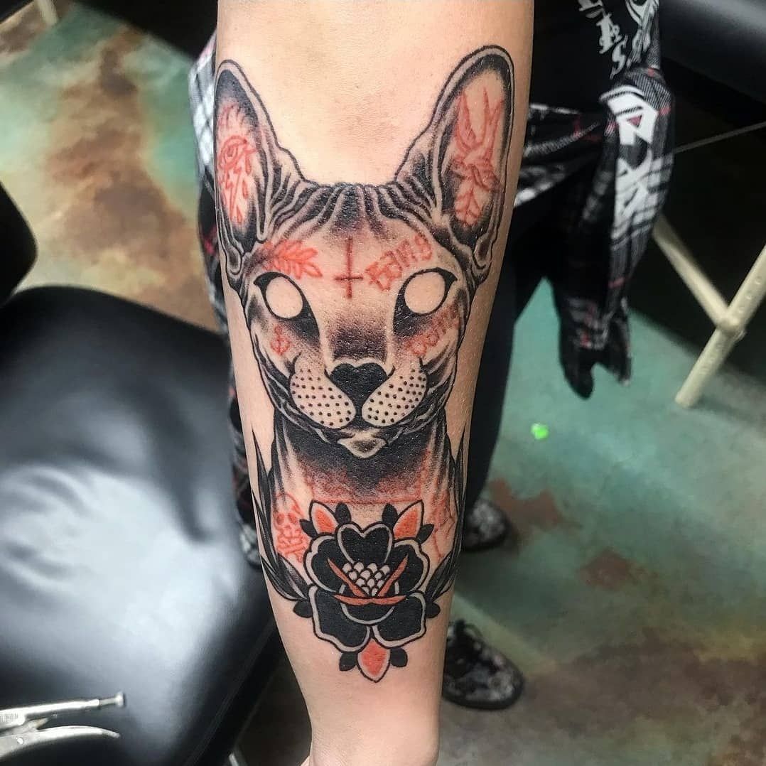 A person has a tattoo of a cat on their arm