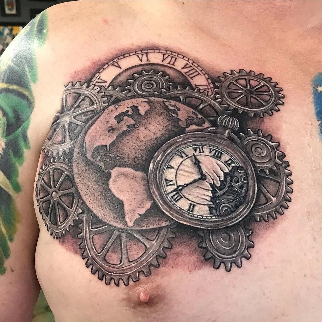 A man has a tattoo of a clock and gears on his chest.