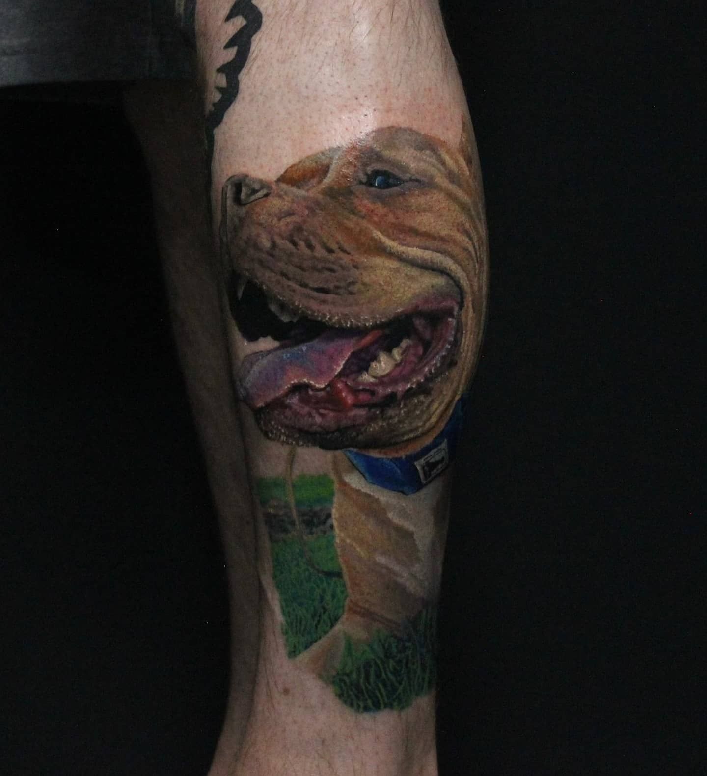 A man has a tattoo of a dog on his leg