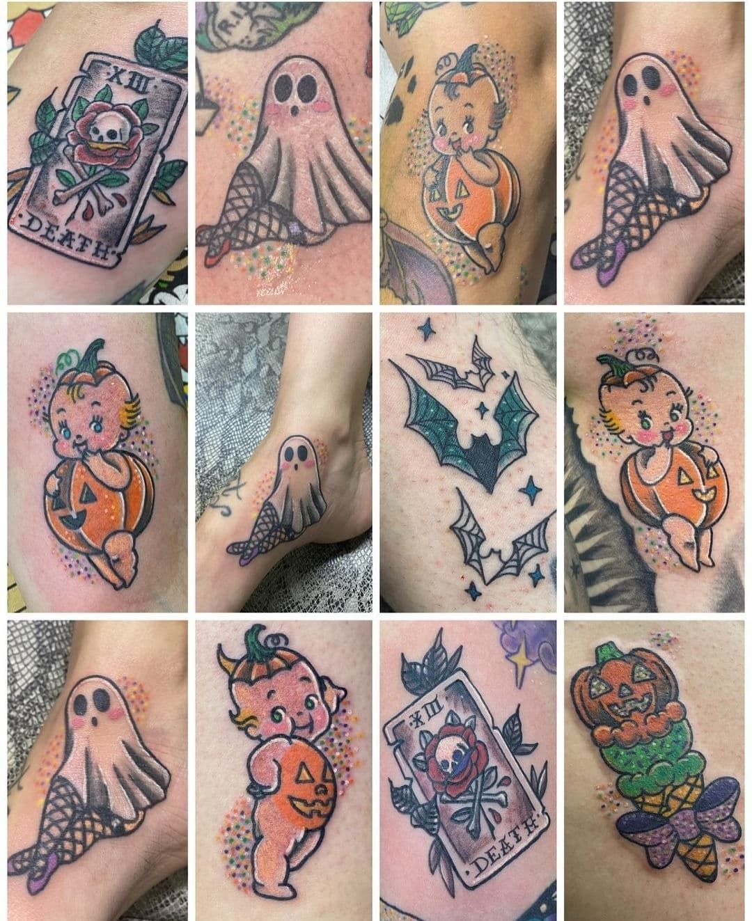 A collage of various halloween tattoos on a person 's body.
