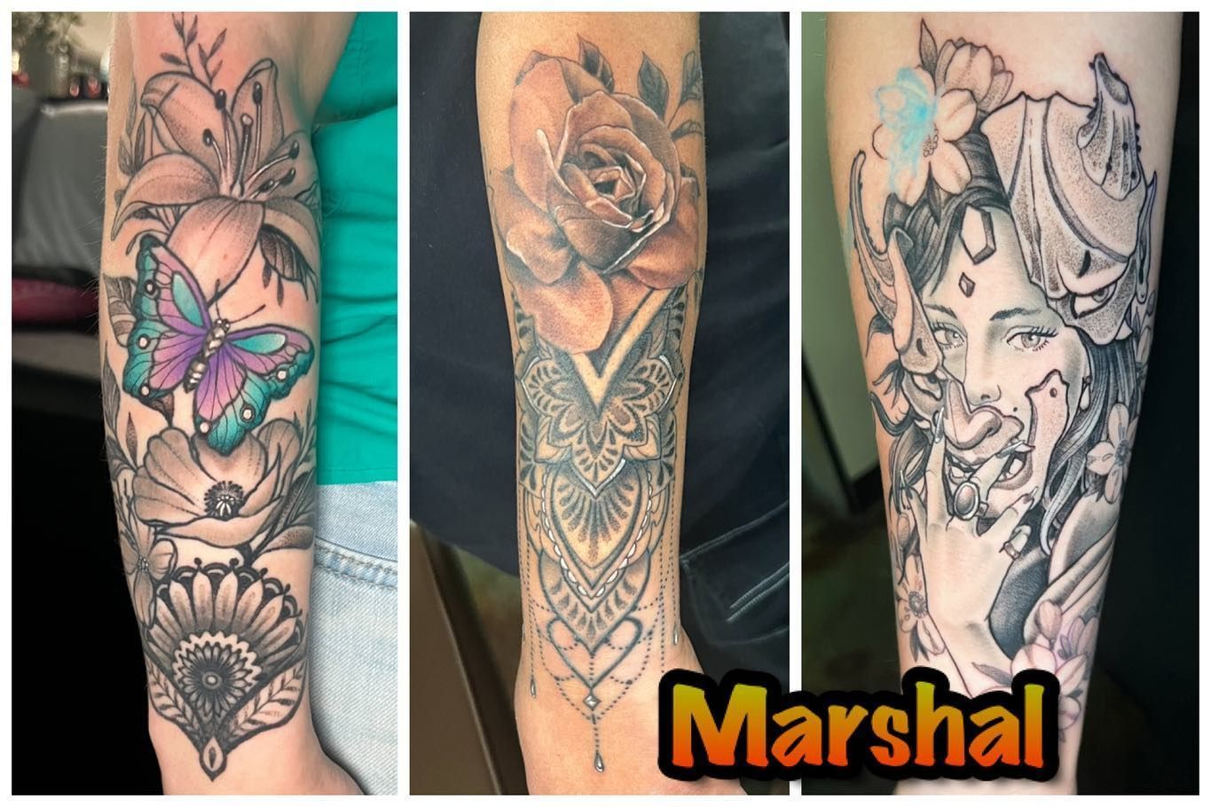A woman has three different tattoos on her forearm.