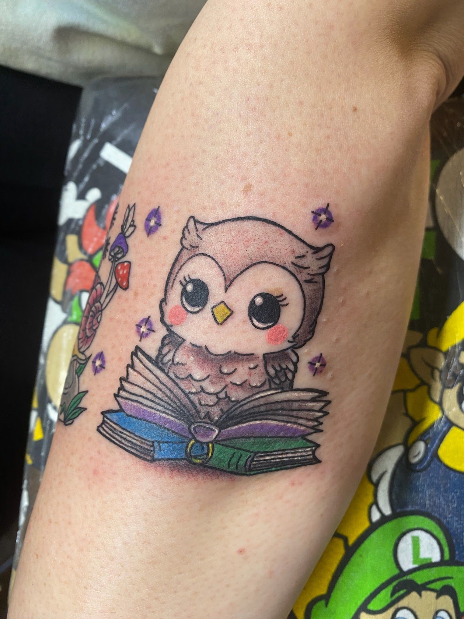 A tattoo of an owl sitting on top of a book on a person 's arm.