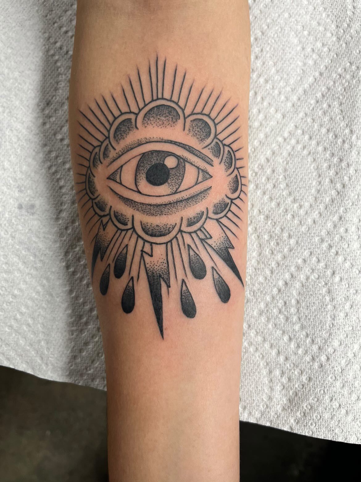 A tattoo of an all seeing eye on a person 's arm