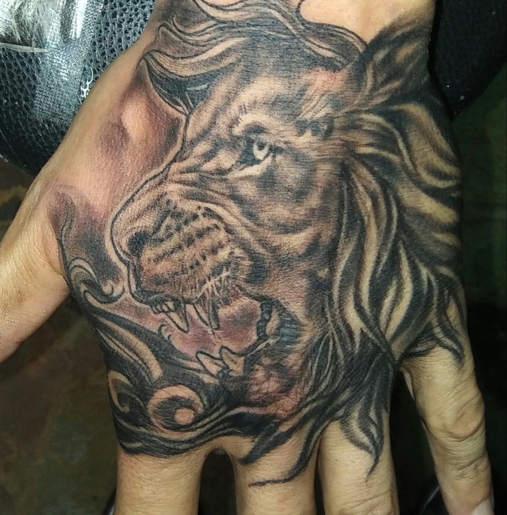 A person has a tattoo of a lion on their hand