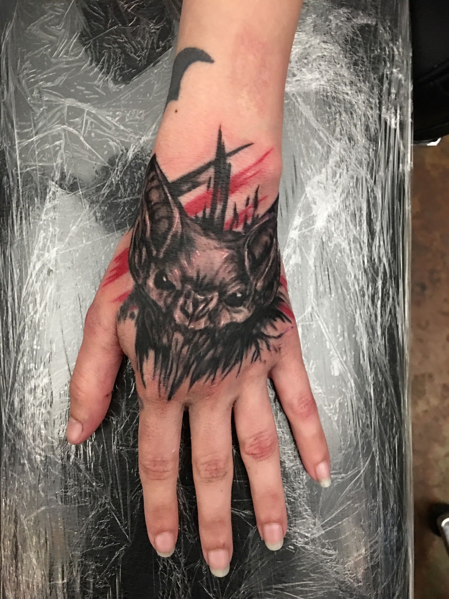 A woman has a bat tattoo on her hand.