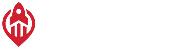 A red and white logo on a white background.