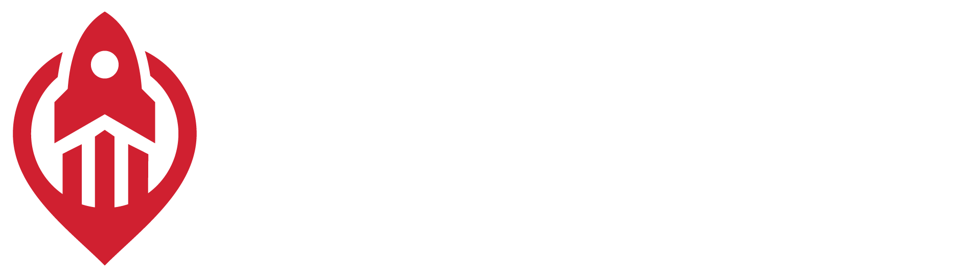 A red and white logo on a white background.