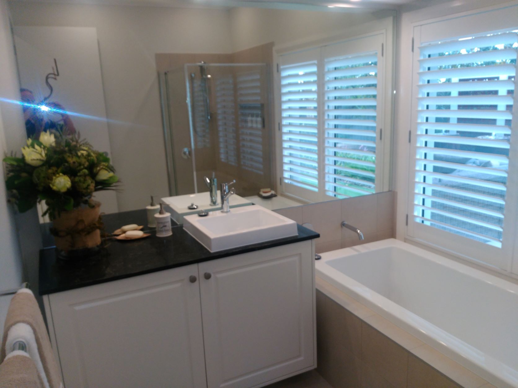 Bathroom Area With Plantation Shutters — Smith Aluminium In Medowie, NSW