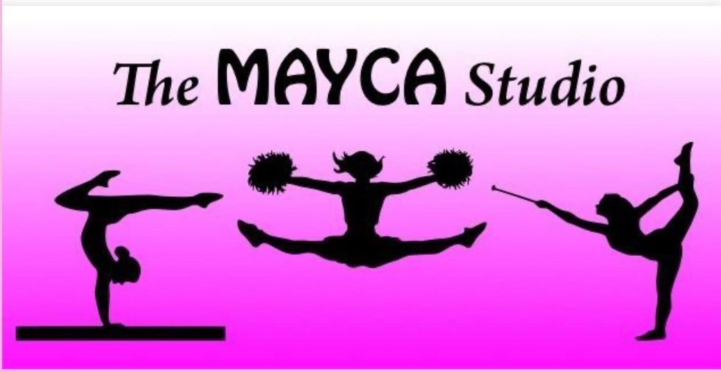 The MAYCA Studio logo: black silhouettes of a gymnast, cheerleader, and dancer on a pink background.