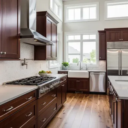 Elegant kitchen with dark wood cabinets, stainless steel appliances, and large windows.