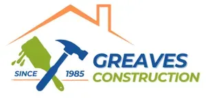 Logo for Greaves Construction featuring a house outline, paint brush, hammer, and company name.