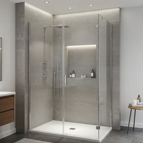 Modern shower with glass doors, stone walls, recessed shelf with toiletries, white shower base.