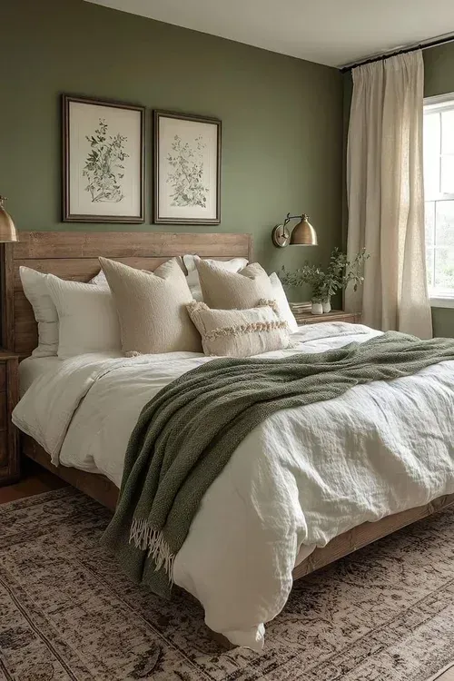 Bedroom with olive green wall, wood bed, white bedding, green throw, neutral rug, and artwork.