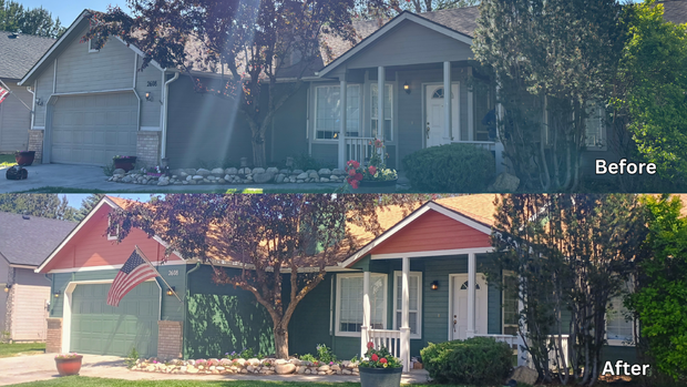 A before and after picture of a house's exterior paint job.