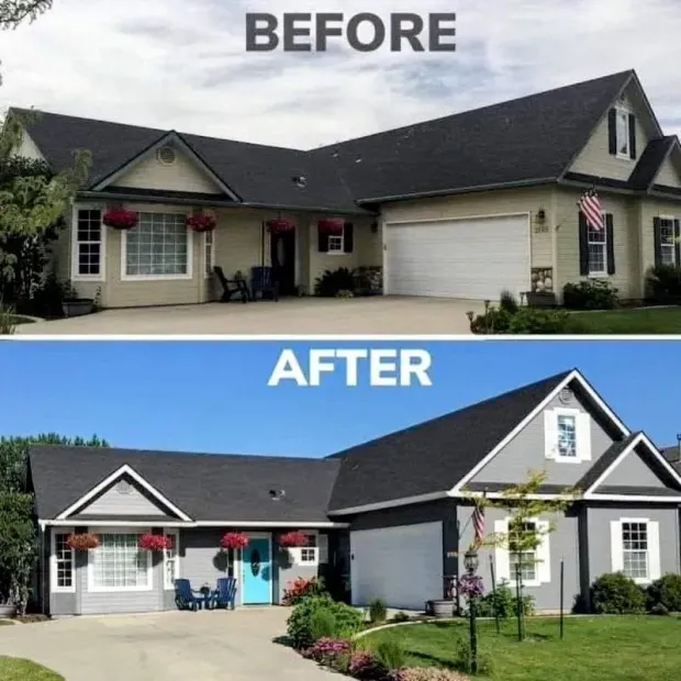 A before and after picture of a house's exterior paint job.