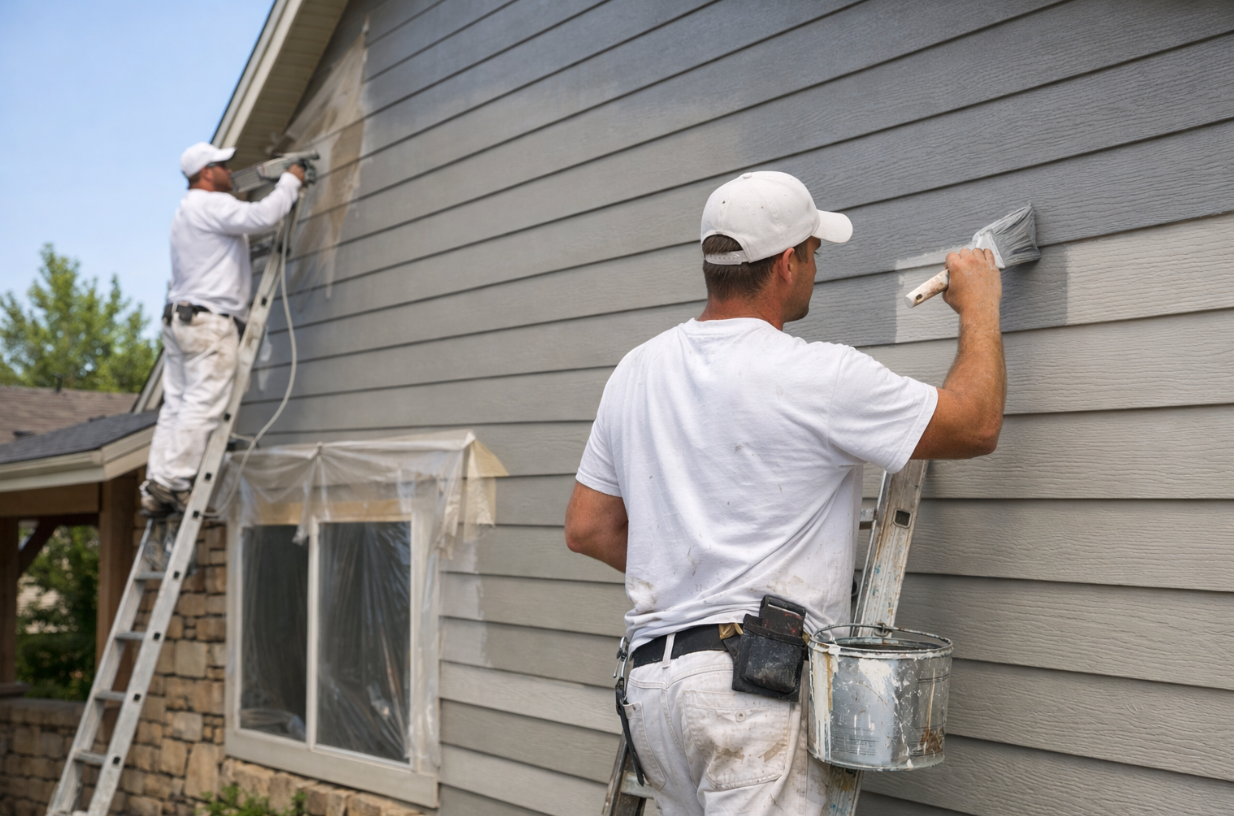 Exterior home painters in Boise Idaho applying weather-resistant paint to residential siding by Scot