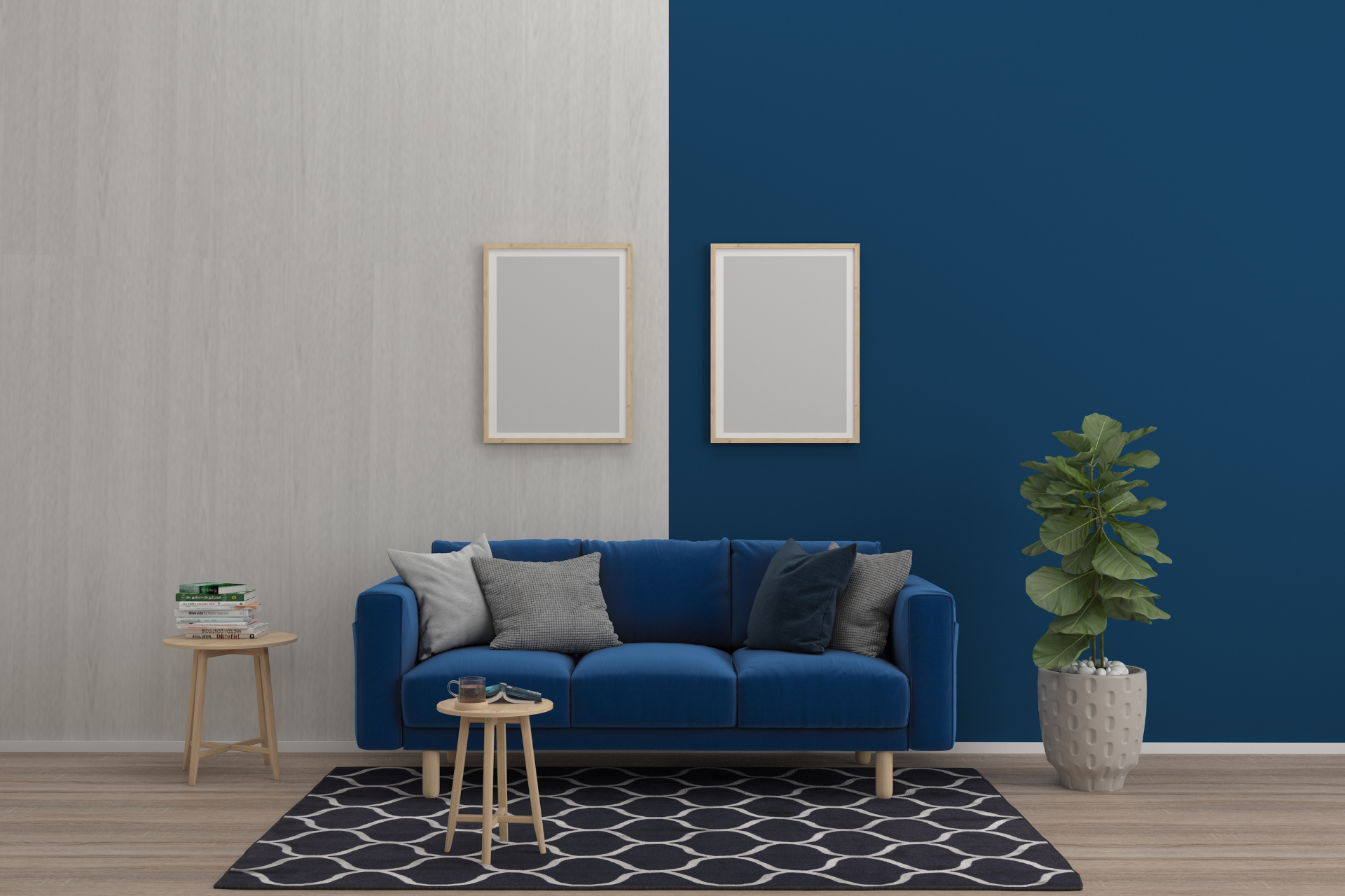 A living room with a blue couch and two frames on the wall.