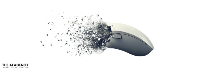 A computer mouse is exploding into pieces on a white background