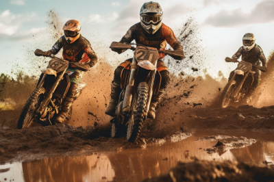 Three dirt bike riders racing through mud, splashing water and dirt.