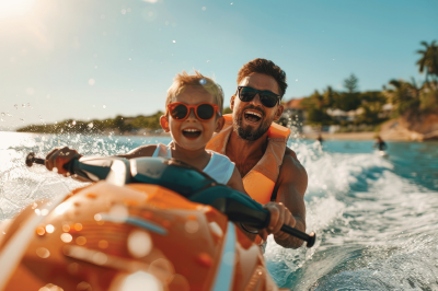 Father and child on a jet ski, smiling and laughing on a sunny day. Orange life vests, ocean backdrop.