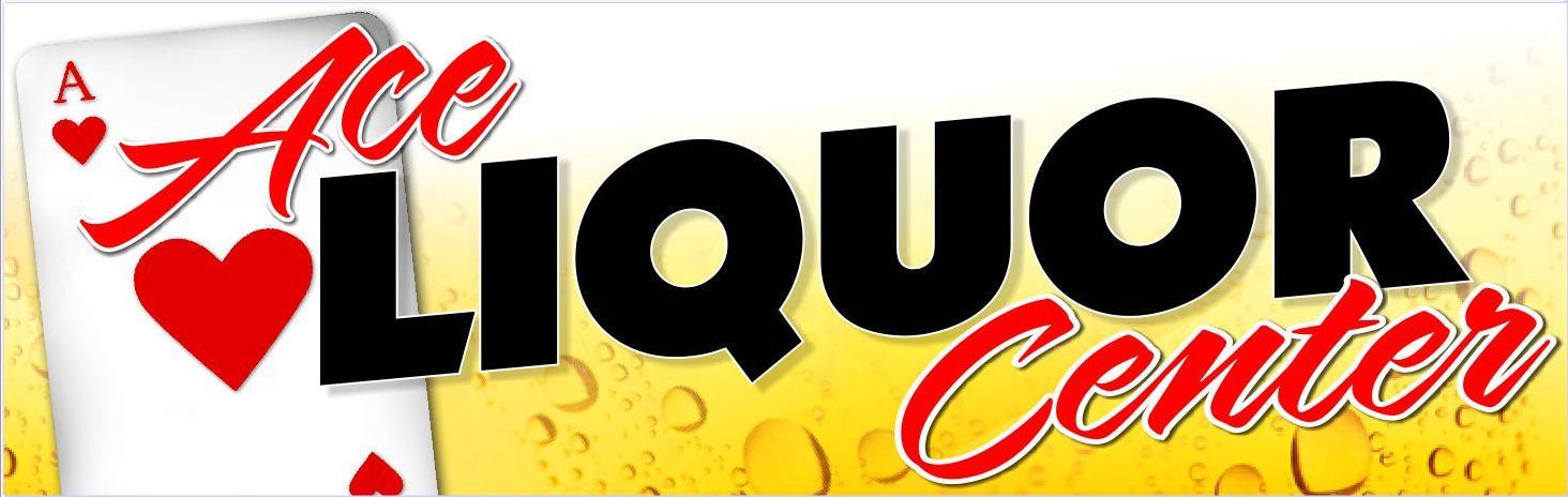 A logo for ace liquor center with a playing card