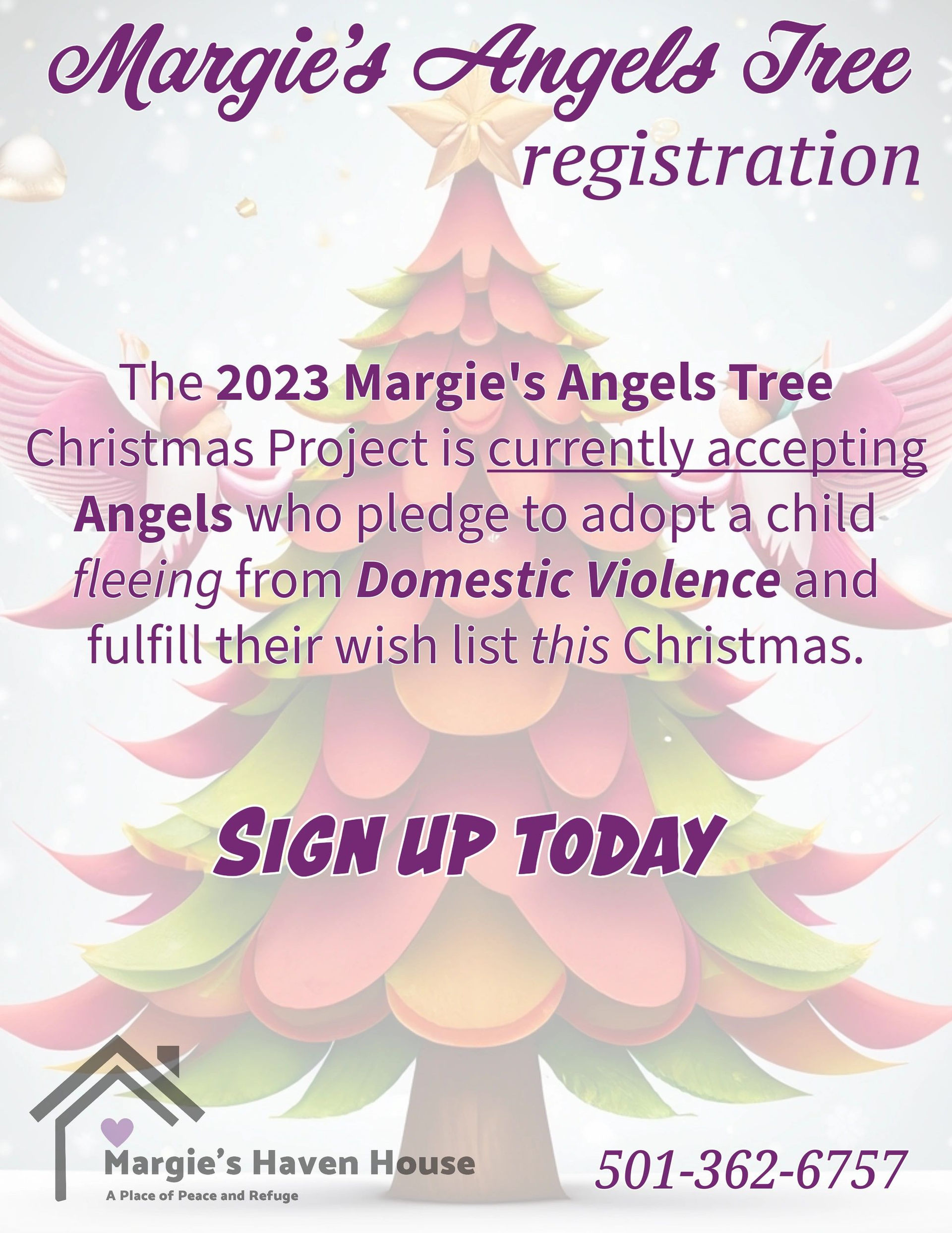 A christmas tree with wings is on a sign that says angels tree registration.