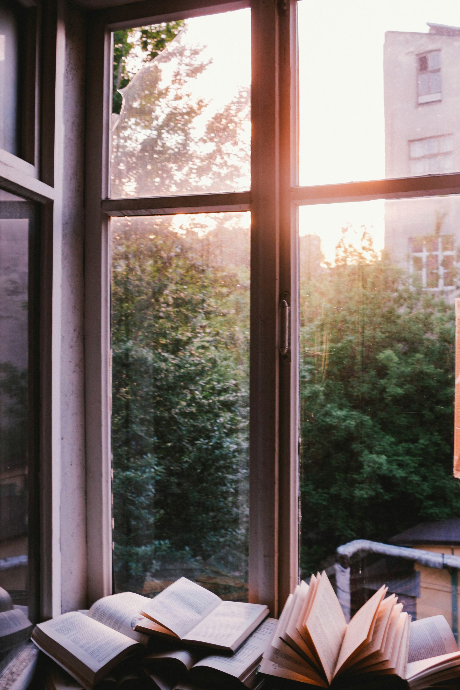 An open book is sitting on a table in front of a window.