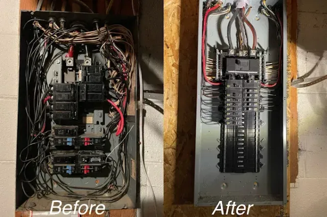 Electrical panel wiring before-and-after: tangled wires on left, neatly organized panel on right.