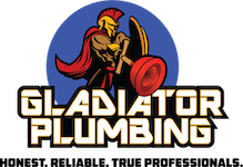 The logo for gladiator plumbing shows a spartan holding a plunger.