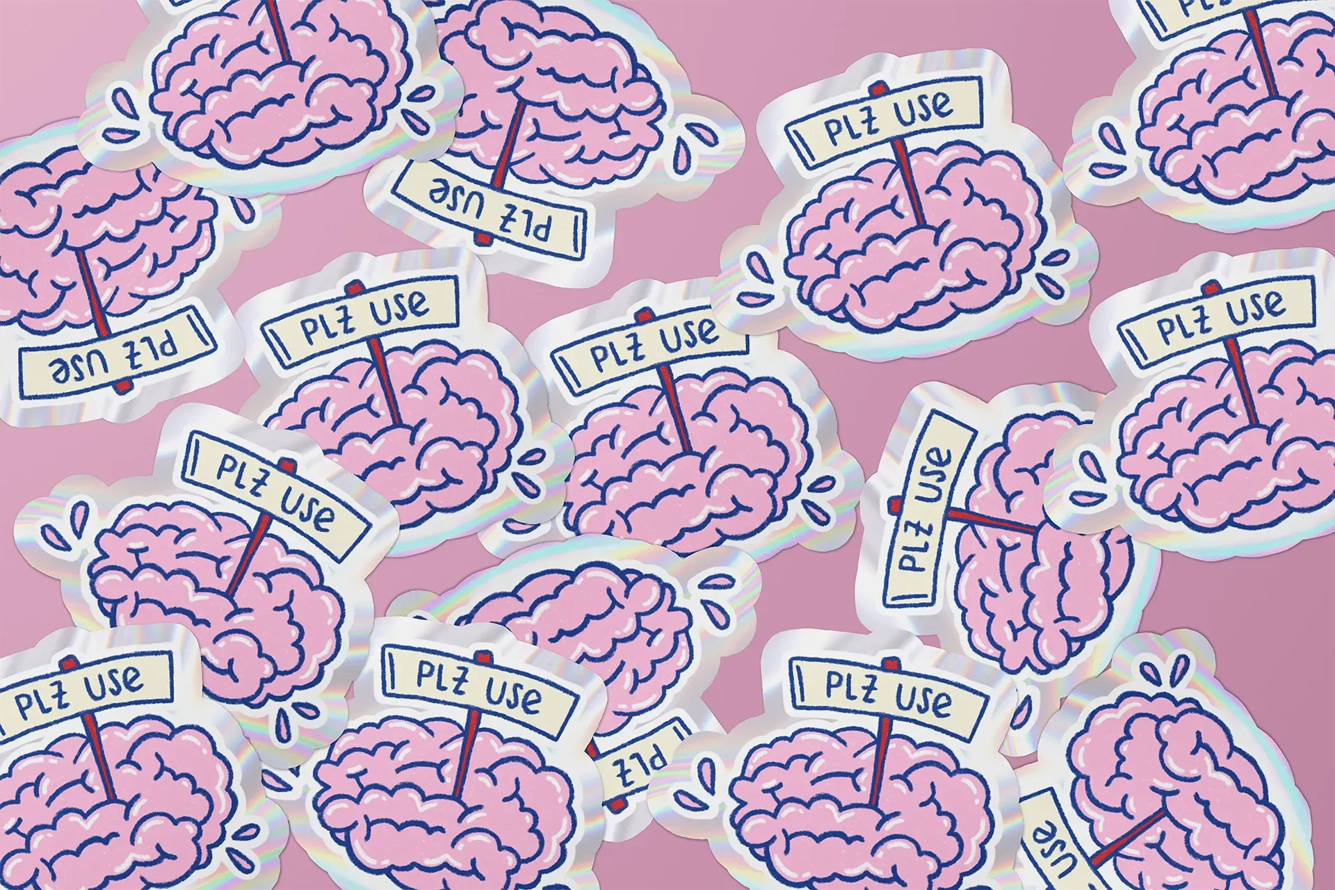 Rosa Gehirne mit „PLZ USE“-Schildern auf rosa Farbverlaufshintergrund.