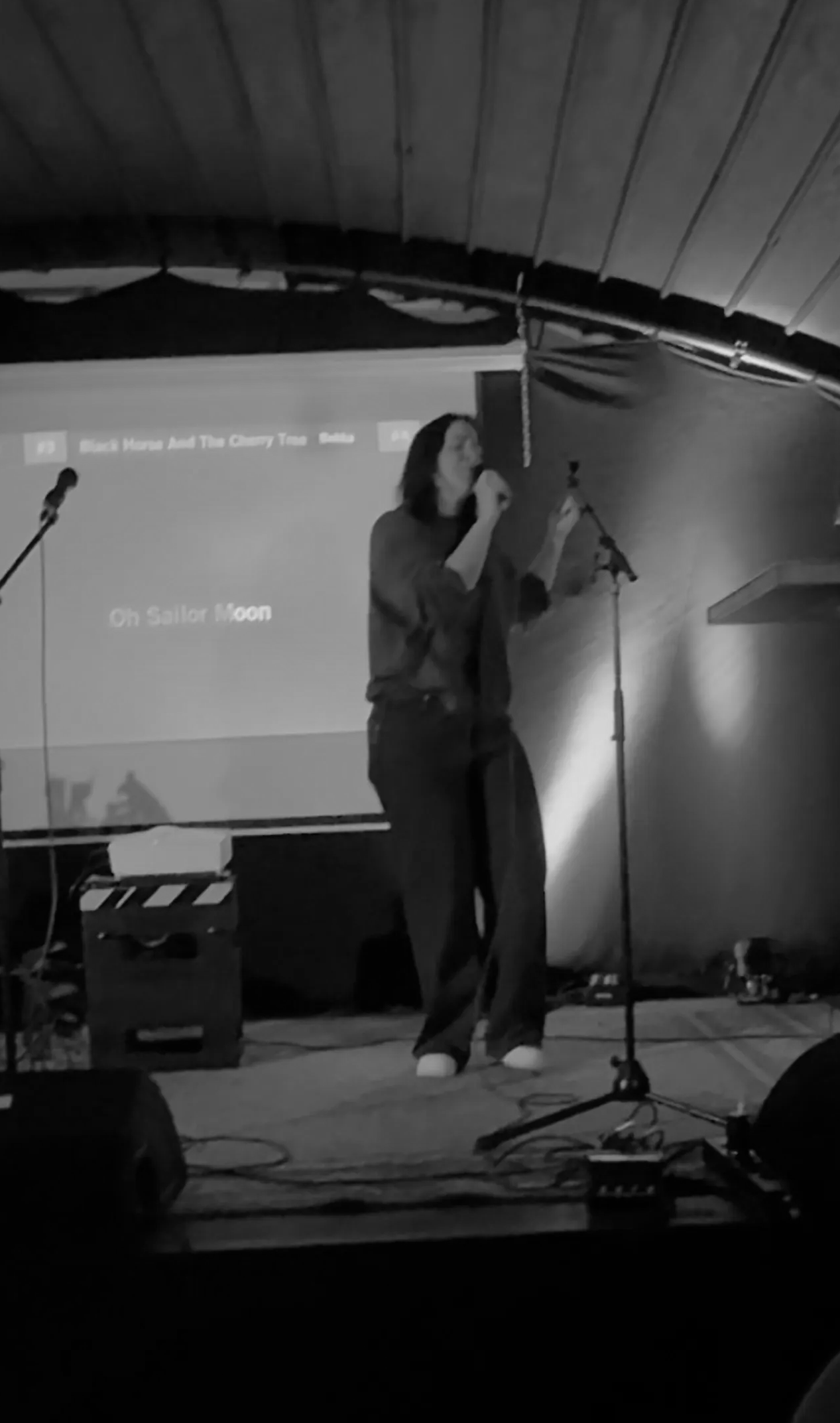 Sabrina singt auf der Bühne und hält ein Mikrofon. Im Hintergrund ist ein Bildschirm mit Text zu sehen, dunkle Umgebung.