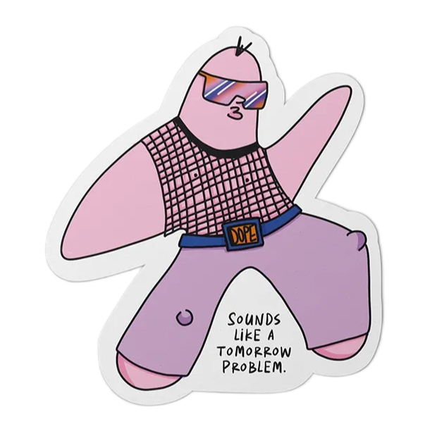 Gelber Aufkleber mit einem schmelzenden Smiley auf hellblauem Hintergrund mit dem Text „I'm fine“.