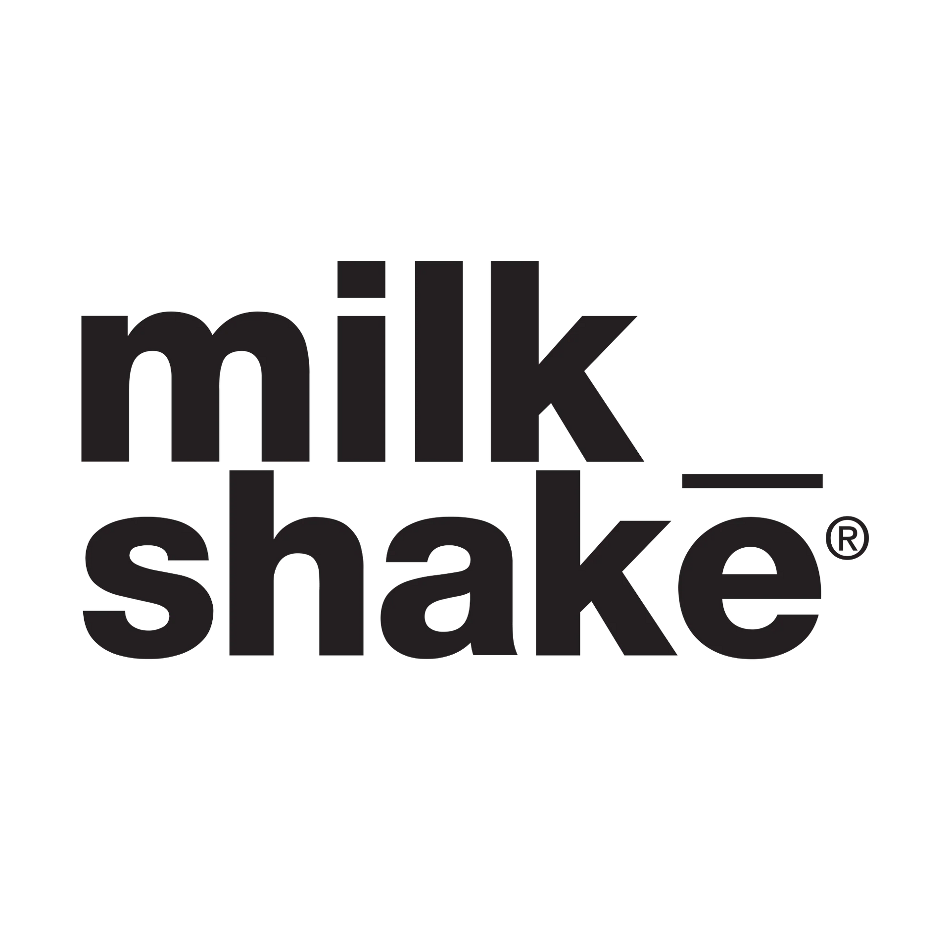 A black-and-white logo consisting of the text "milk" stacked above "shake," with a horizontal bar over the "e."