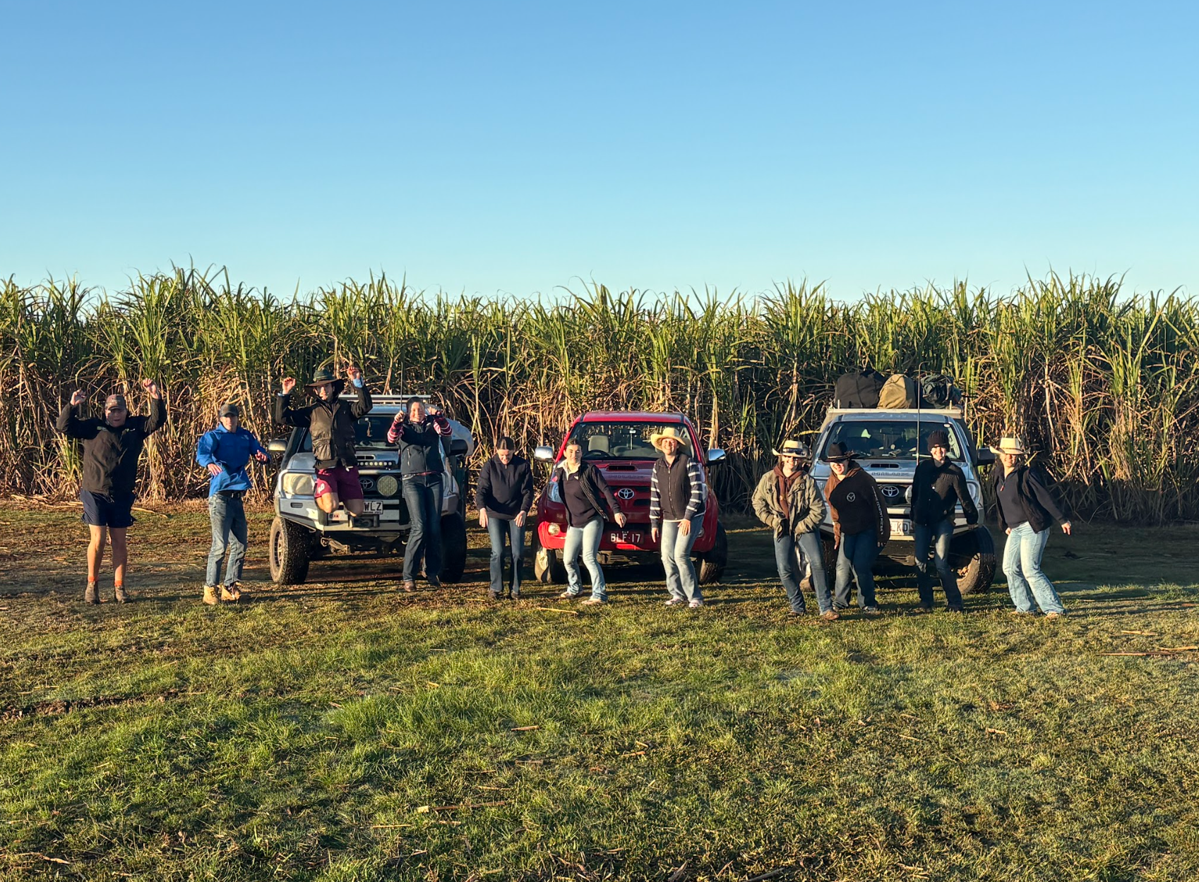A group of construction workers wearing orange vests and hard hats
