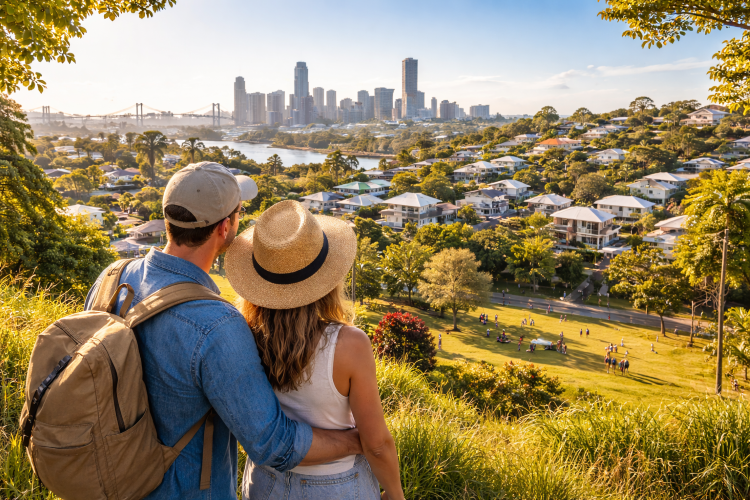 A couple standing on a grassy hill overlooking a suburban landscape leading to a distant city skyline at sunset.