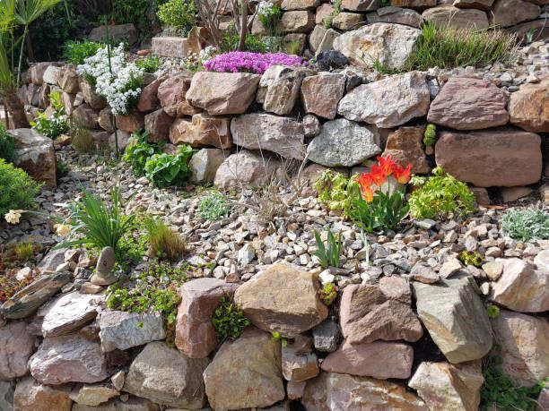 A terraced rock garden with colorful spring flowers and greenery nestled among stacked sandstone retaining walls.