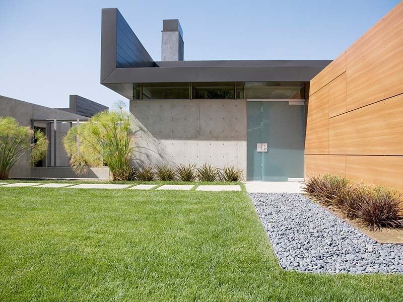 Modern home with a concrete facade, wood-paneled wall, green lawn, gravel path, and a glass front door.