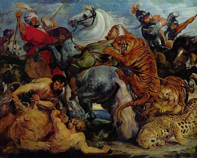 dipinto raffigurante lotta tra uomini e animali