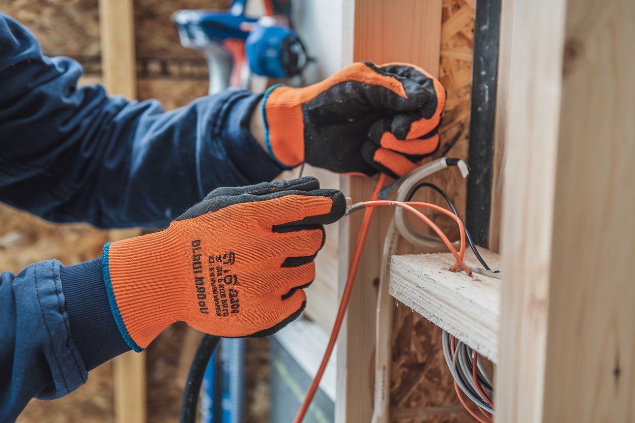 Electrician wearing orange gloves working with wires inside a wooden frame.