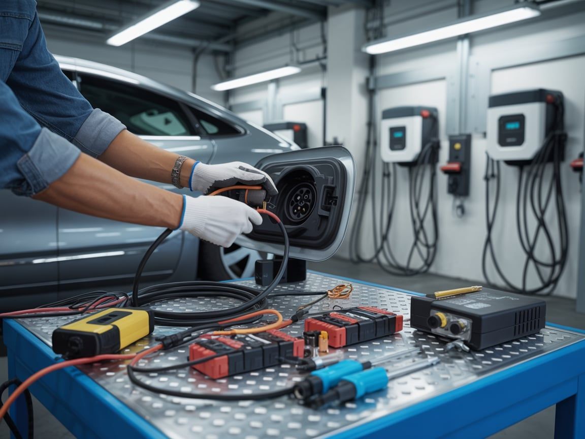 Mechanic charging an electric car at a charging station. Tools and batteries are on the table.