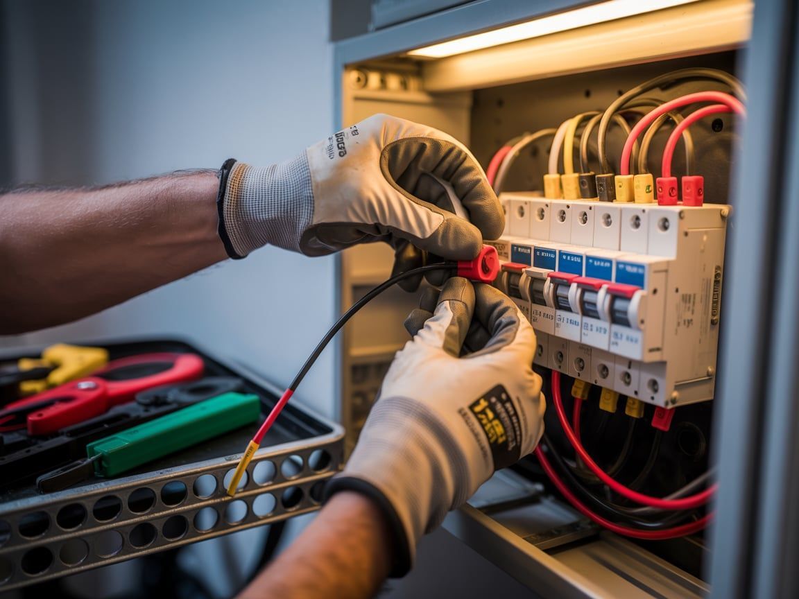 Electrician connecting wires in a breaker box, wearing gloves. Tools nearby.